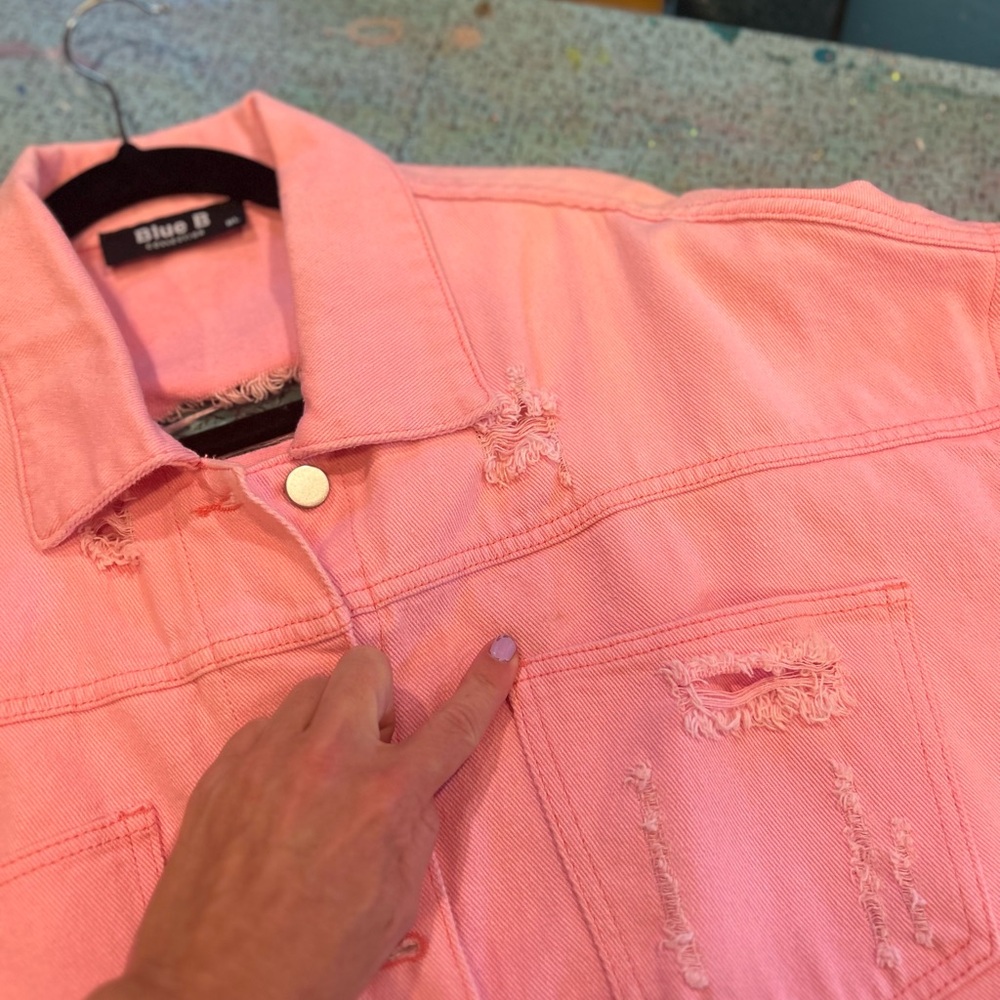Pink Diamond Fringe Distressed Denim Jacket - Picture 11 of 16